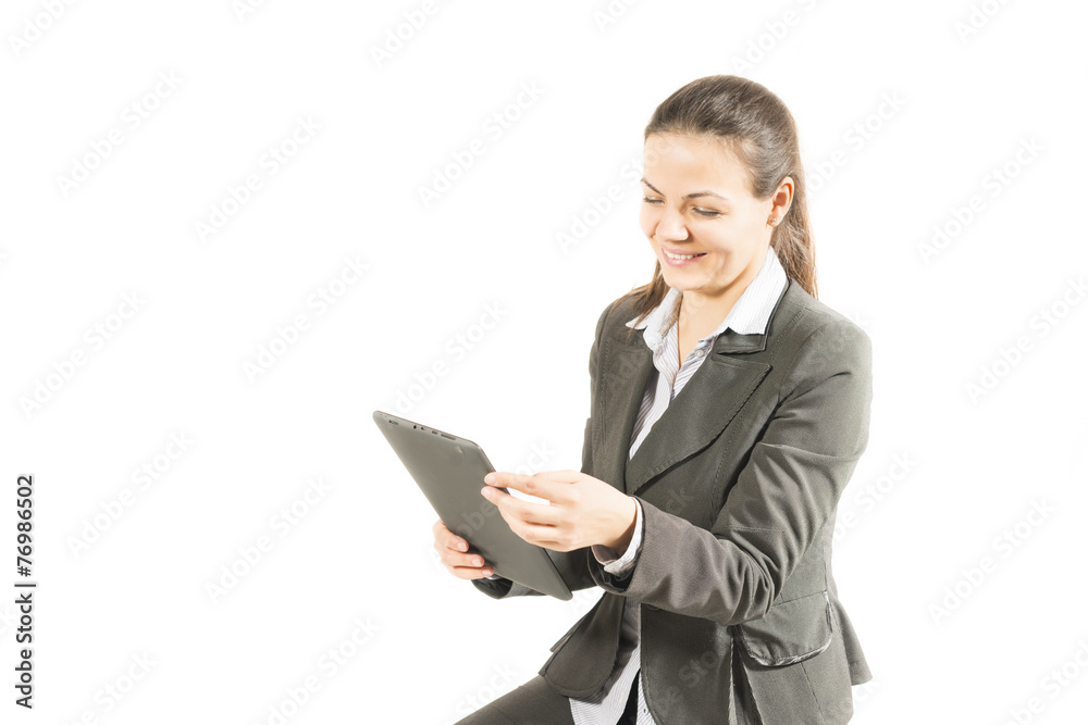 Woman using digital tablet, happy, isolated on white background. Woman using digital tablet, happy, isolated on white background.