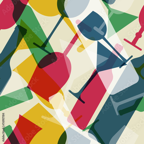 Abstract colorful cocktail glass and wine bottle seamless patter