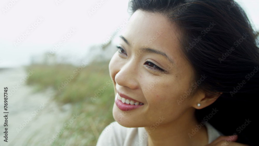 Close Up Young Ethnic Girl Happy Healthy Outdoor Beach Lifestyle