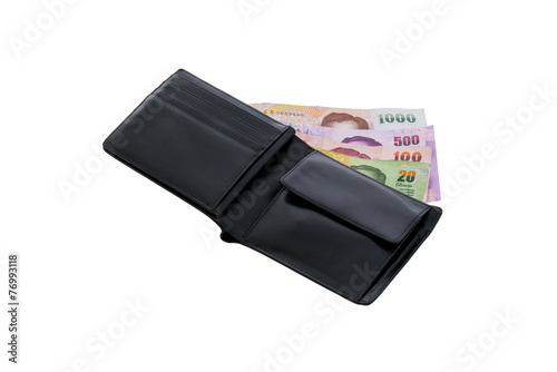 black leather wallet with money isolated