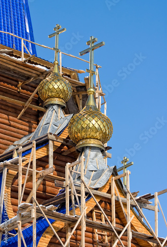 Construction of new wooden orthodox church in Samara, Russia