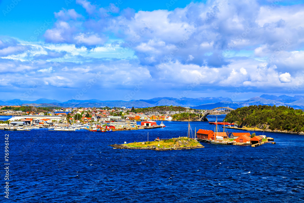 View of the city, bridge and mountains in the distance, Norway