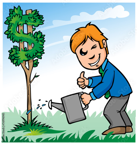 business man cartoon watering dollar tree