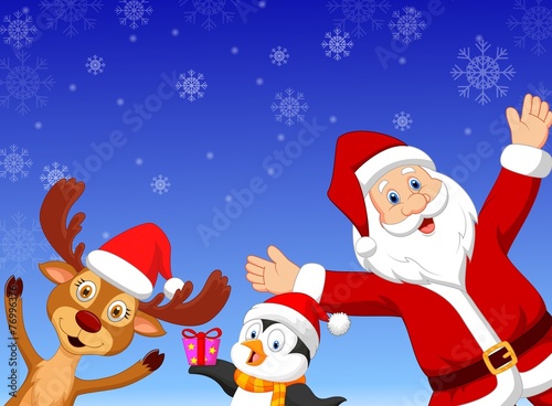 Happy cartoon Santa, penguin and deer