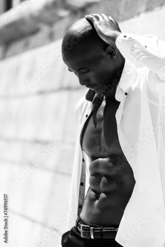 African black man model with six pack white shirt