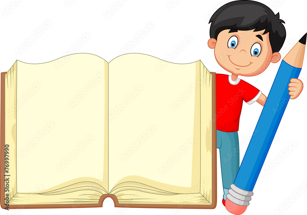 Cartoon boy holding giant book and pencil Stock Vector | Adobe Stock
