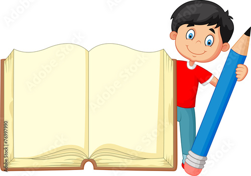 Cartoon boy holding giant book and pencil