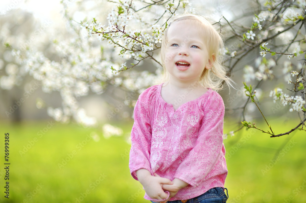 Adorable toddler girl in blooming cherry garden Adorable toddler girl in blooming cherry garden