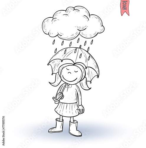 Little child walking in the rain, vector illustration.