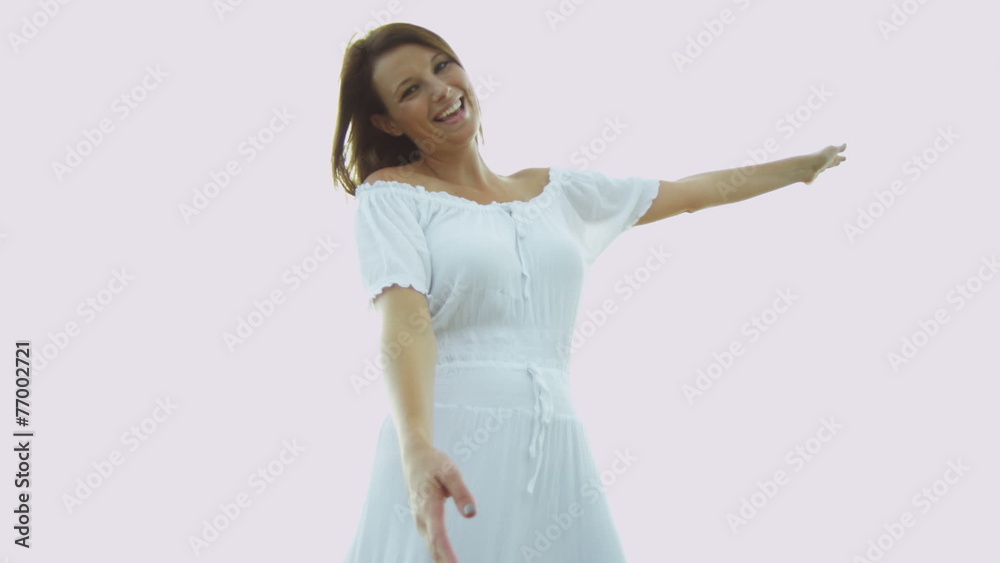 Caucasian Girl Dressed White Walking Island Beach Shallows Caucasian Girl Dressed White Walking Island Beach Shallows