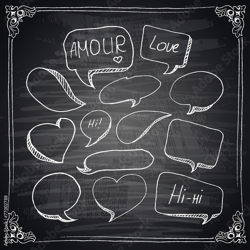 Hand drawn speech bubbles chalkboard effect.