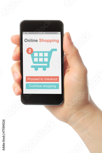 Hand holding smart phone with shopping concept