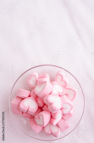 Pink heart marshmallow  in glass dish