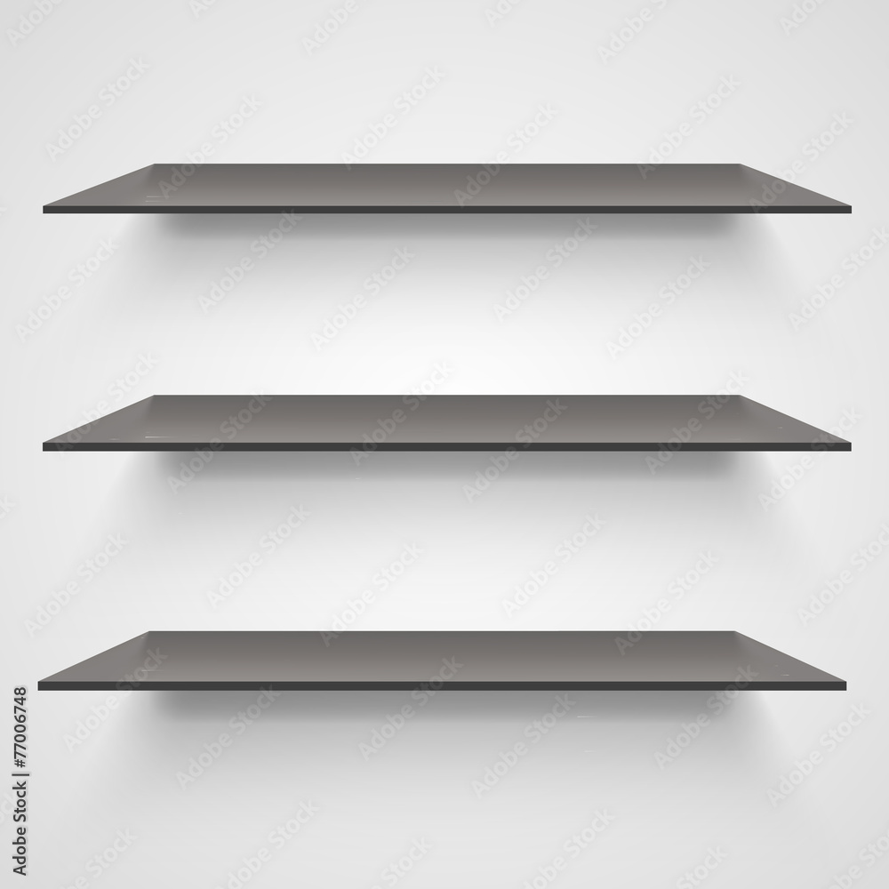 Empty shelves on light grey background. Empty shelves on light grey background.