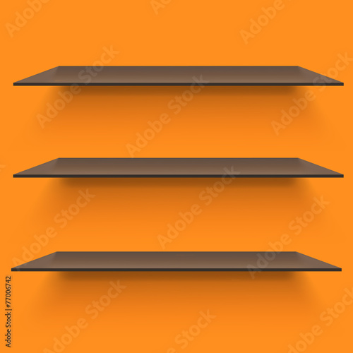 Empty shelves on light orange background.
