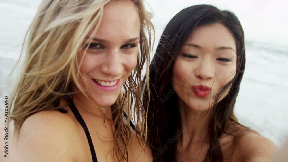 Happy Multi Ethnic Females Outdoors Close Up Social Messaging Friends Happy Multi Ethnic Females Outdoors Close Up Social Messaging Friends