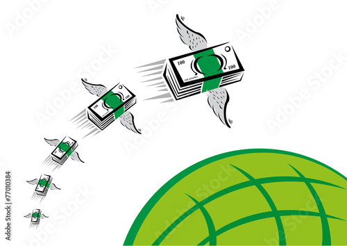 Set of Colorful Cash with wings swiftly fly over a blue globe