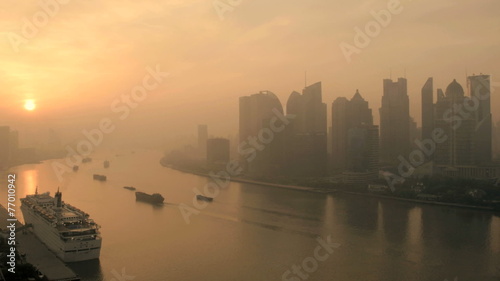Wallpaper Mural Time Lapse Cargo Freight Barge Huangpu River City Haze Shanghai China  Torontodigital.ca