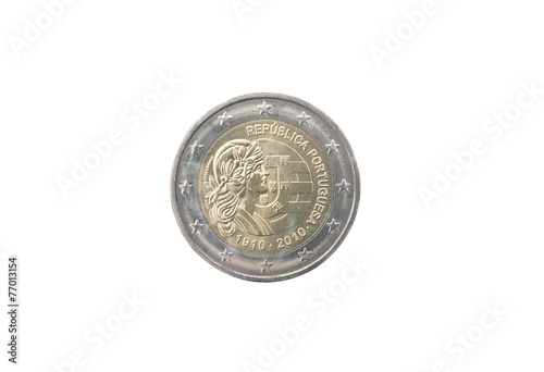 Commemorative coin of Portugal minted in 2010 isolated on white