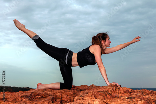 Yoga sur les rochers: posture de l'oiseau céleste