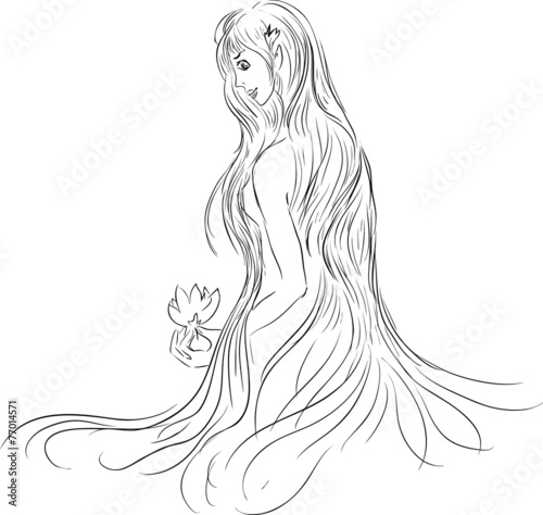 Beautiful girl with long hair and a water lily
