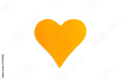 Blank orange Post-it note in heart shape, isolated on white