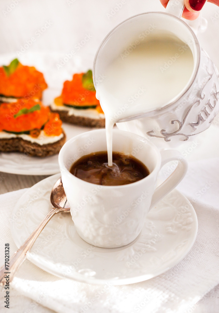 Romantic breakfast with coffee and toasts Romantic breakfast with coffee and toasts
