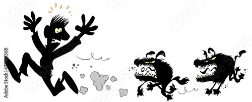 Man chased by evil dogs.
