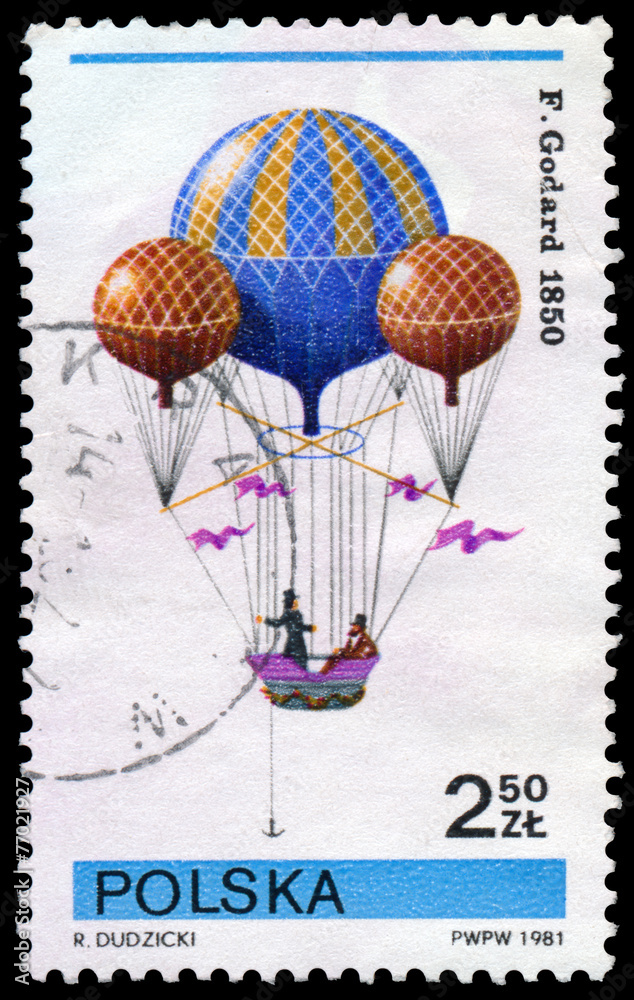 Naklejka premium Stamp printed in POLAND shows Flying air balloon