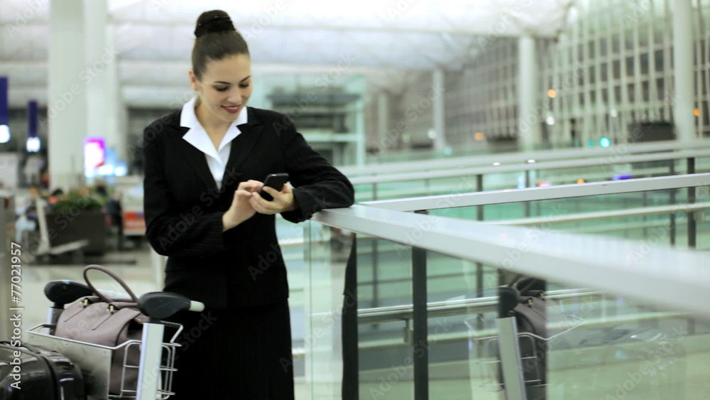Young Caucasian Finance Advisor Travel Meeting Airport Smart Phone Technology Young Caucasian Finance Advisor Travel Meeting Airport Smart Phone Technology