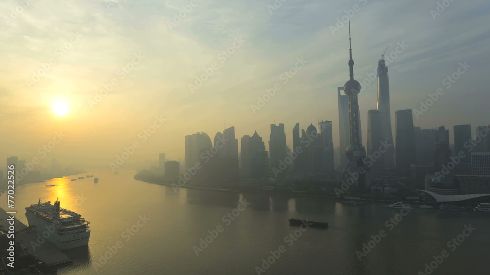 Time lapse sunrise Huangpu River Shanghai Tower China