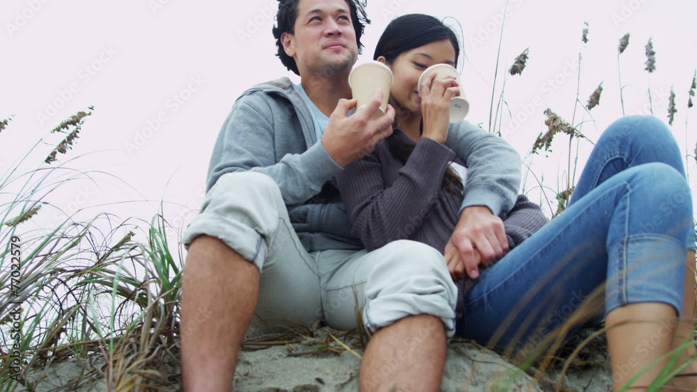 Asian Chinese Couple Warm Clothes Outdoors Beach Coffee Asian Chinese Couple Warm Clothes Outdoors Beach Coffee