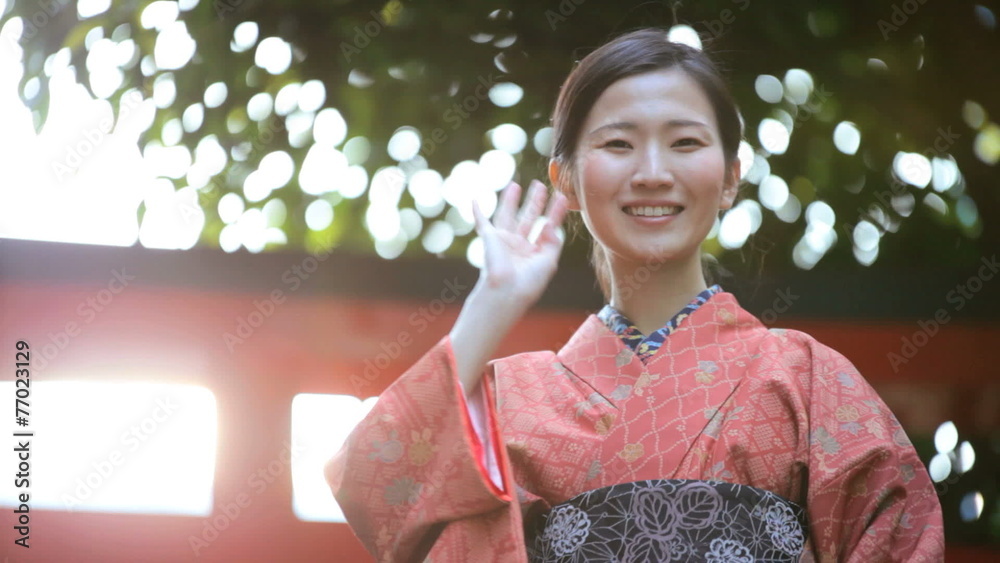 Travel Tourism Business Asian Japanese Girl Red Kimono Waving Greeting Travel Tourism Business Asian Japanese Girl Red Kimono Waving Greeting