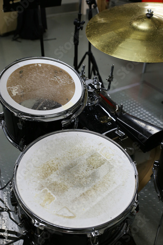 Photography Drum set in training room. Music equipment in training room.