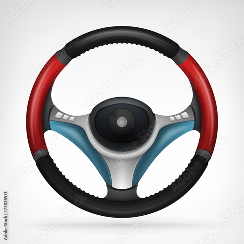racing steering wheel with red side handle isolated in top view