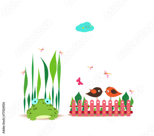 fence with spring couple bird and frog