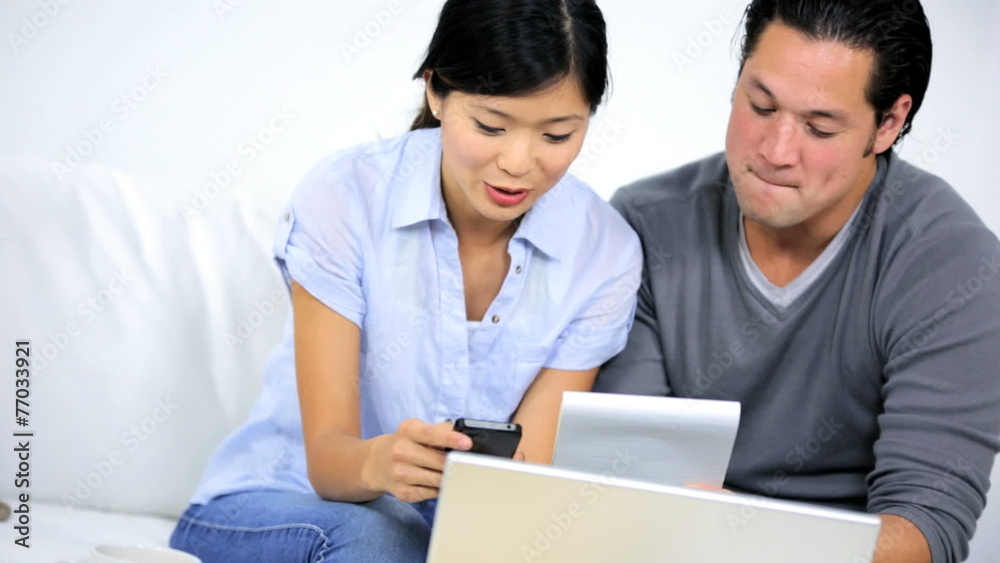 Ethnic Couple Close Up Laptop Positive Finances Budget Ethnic Couple Close Up Laptop Positive Finances Budget