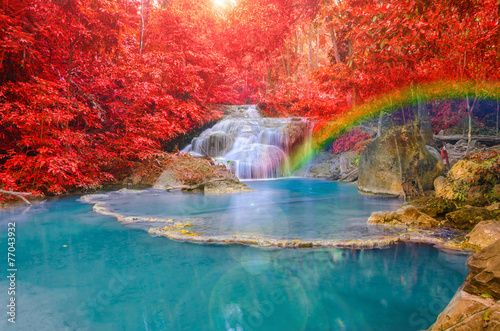 Fototapeta Naklejka Na Ścianę i Meble -  Wonderful Waterfall with rainbows and red leaf in Deep forest at