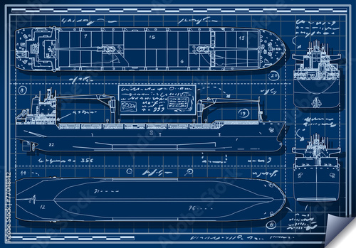 Orthogonal Blue Print of a Cargo Ship Vector