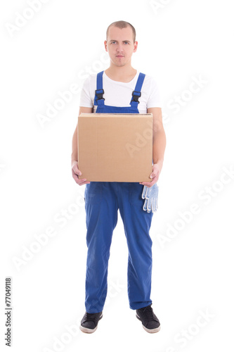 delivery concept - man in workwear with cardboard box isolated o