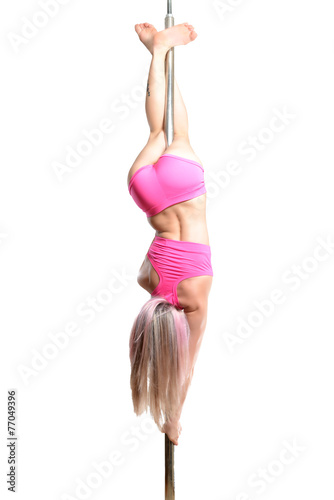 Young pole dance woman make basic invert isolated