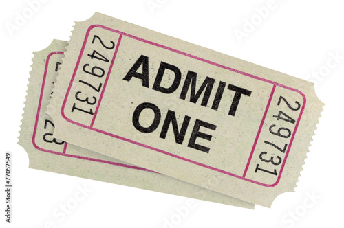 Two old gray admit one movie or concert admission tickets stub isolated white background photo