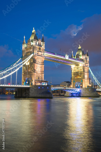 Tower Bridge at sunset & night twilight London, England, UK..