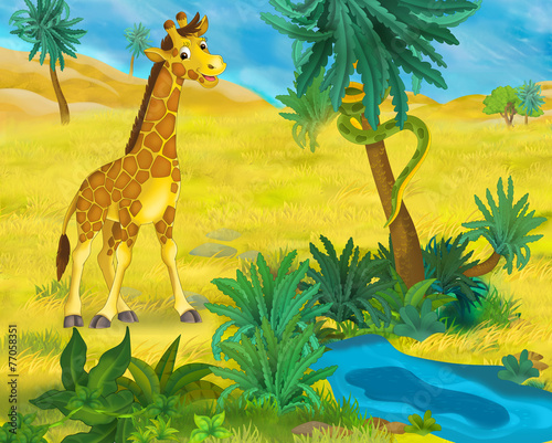 Cartoon scene - wild Africa animals - giraffe - illustration for the children