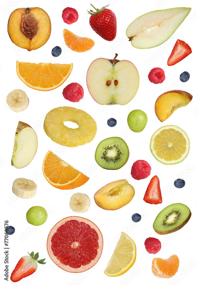 Collage von Früchte wie Orange Frucht, Apfel, Banane und Erdbee Collage von Früchte wie Orange Frucht, Apfel, Banane und Erdbee