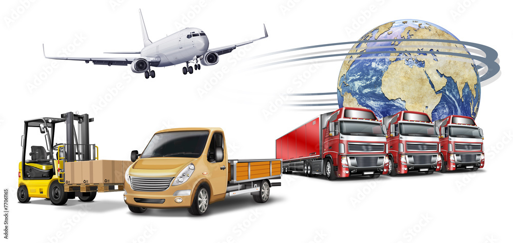 Transport, Logistik weltweit. Truck, Flugzeug, Gabelstapler, Glo  ilustración de Stock | Adobe Stock