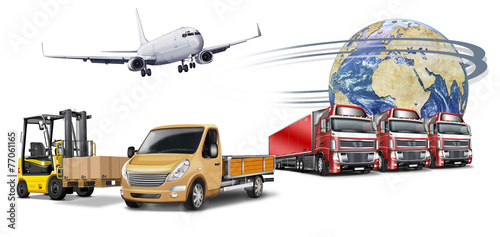 Transport, Logistik weltweit. Truck, Flugzeug, Gabelstapler, Glo photo