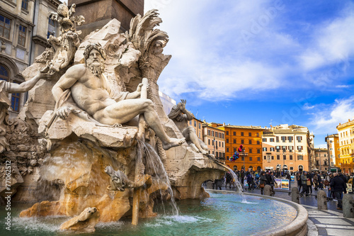 Italy travel and landmarks . Rome   - beautiful piazza Navona with famous fountain of Four rivers