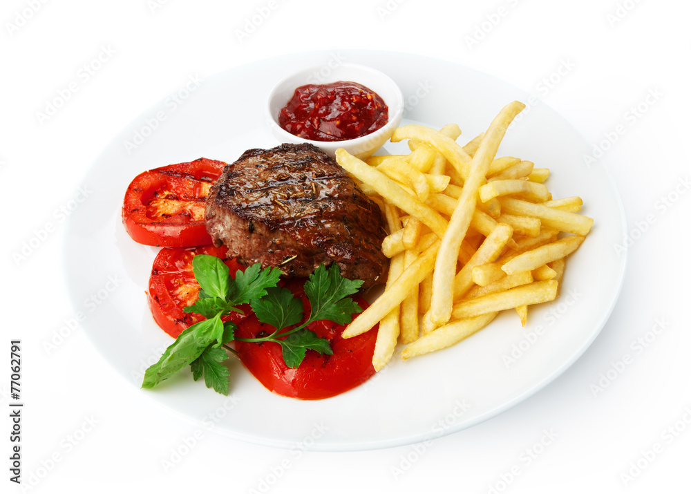 Restaurant food isolated - beef grilled steak with french fries Restaurant food isolated - beef grilled steak with french fries