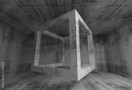 Abstract dark gray concrete room interior. 3d flying cube